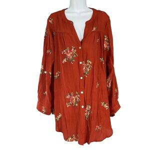 Fig and Flower Embroidered Floral Tunic Top Button Up Rust Orange 2X Bohemian‎